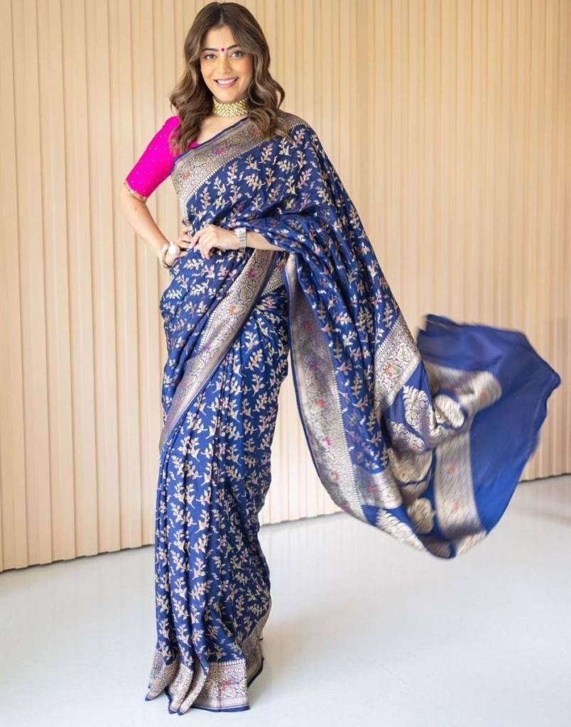 new arrival navy blue banarasi 1711712248 New Arrival Navy Blue Banarasi Soft Silk saree With Jacquard Weaving