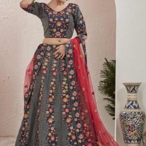 New Arrival Navy Blue Semi Stitched Jute Silk Lehenga choli
