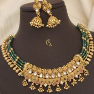 Golden And Green Rajwadi Necklace Set