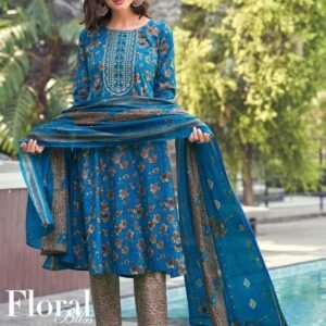 New Arrival Rama Blue Pure Cotton Kurti Pant Set With Dupatta