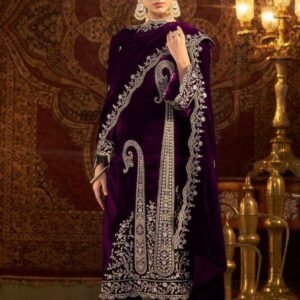 New Arrival Wedding Wear Wine Multi Work Viscose Velvet Suits