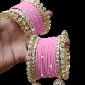 New Baby Pink Velvet With Golden Jhumki Set From Fab Funda