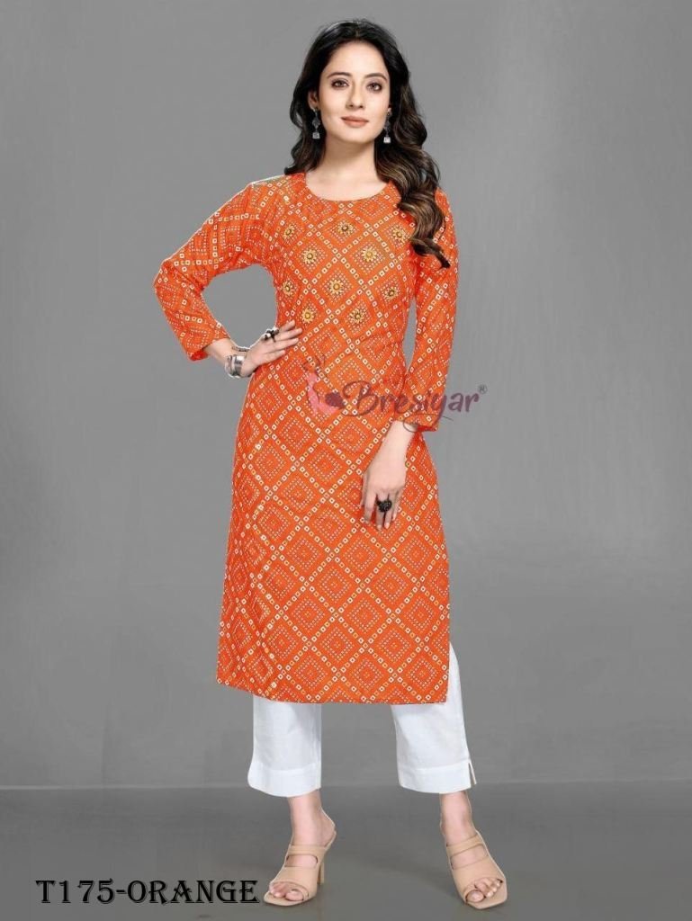 new bandhani print orange pure 1720162390 New Bandhani Print Orange Pure Rayon Kurti