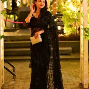 New Black Net Saree With Jhalar Border