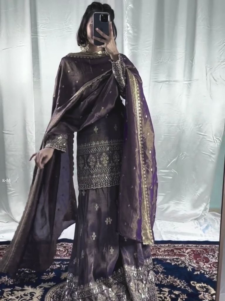 new collection pure cinon top 1734951637 Designer Lavender Pure Cinon Sharara Set