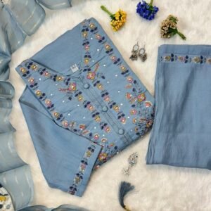 New Collection Teal Color Hand Work Kurti Pant Dupatta Set
