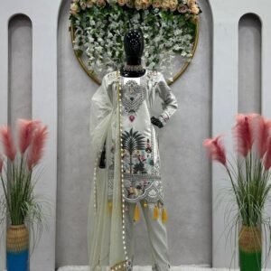 New Collection White Muslin Kurti Pant Dupatta Set For Women