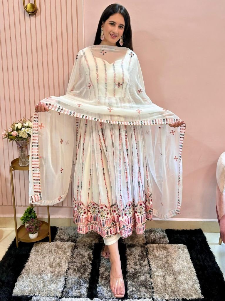 new design fox georgette with 1723035711 Fox Georgette With Sequence Work White Gown