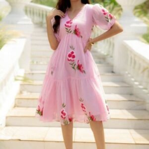 New Digital Printed Lining Pink Short Dress