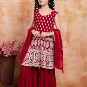 Red Kids Sharara Suit With Embroidered Work