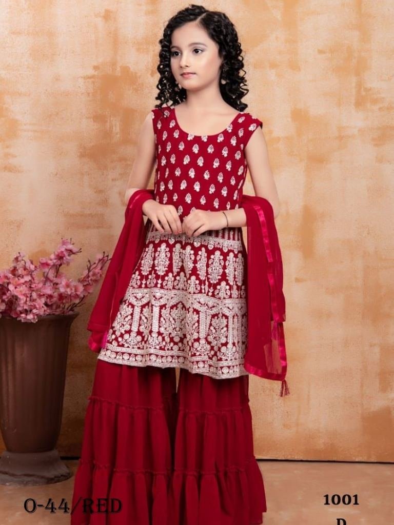new design red kids sharara wi 1723194476 Red Kids Sharara Suit With Embroidered Work