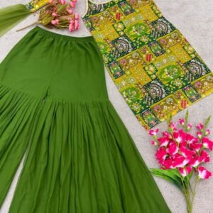 Designer Fully Stitched Green Fancy Sharara Suit