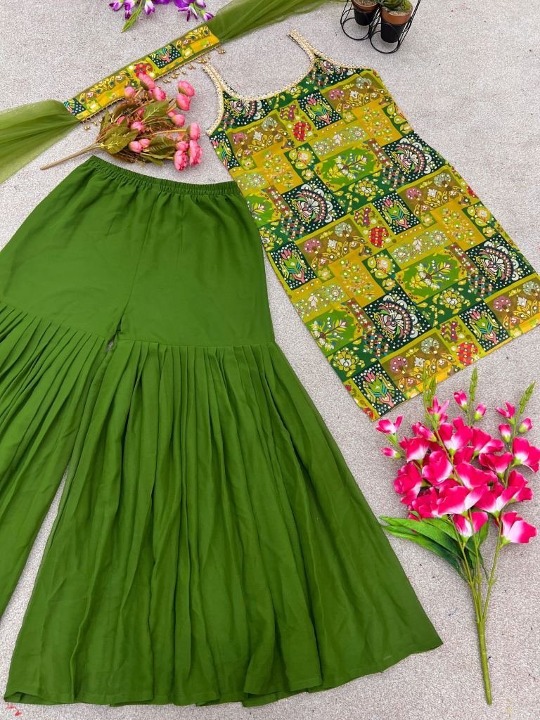 new designer fully stitched gr 1727350620 Designer Fully Stitched Green Fancy Sharara Suit