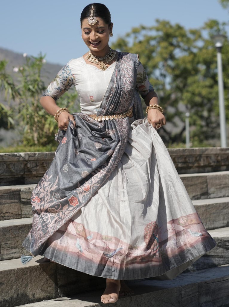 new designer grey kalamkari pr 1738059093 Designer Grey Kalamkari Print Lehenga Set