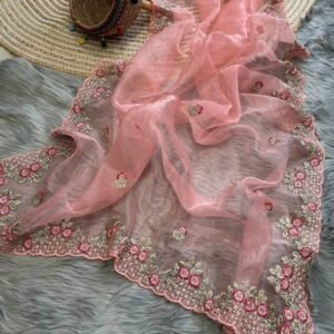 Designer Organza Pink Zari Work Saree