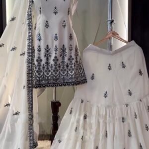 designer party wear top palazzo and dupatta with heavy embroidery suit