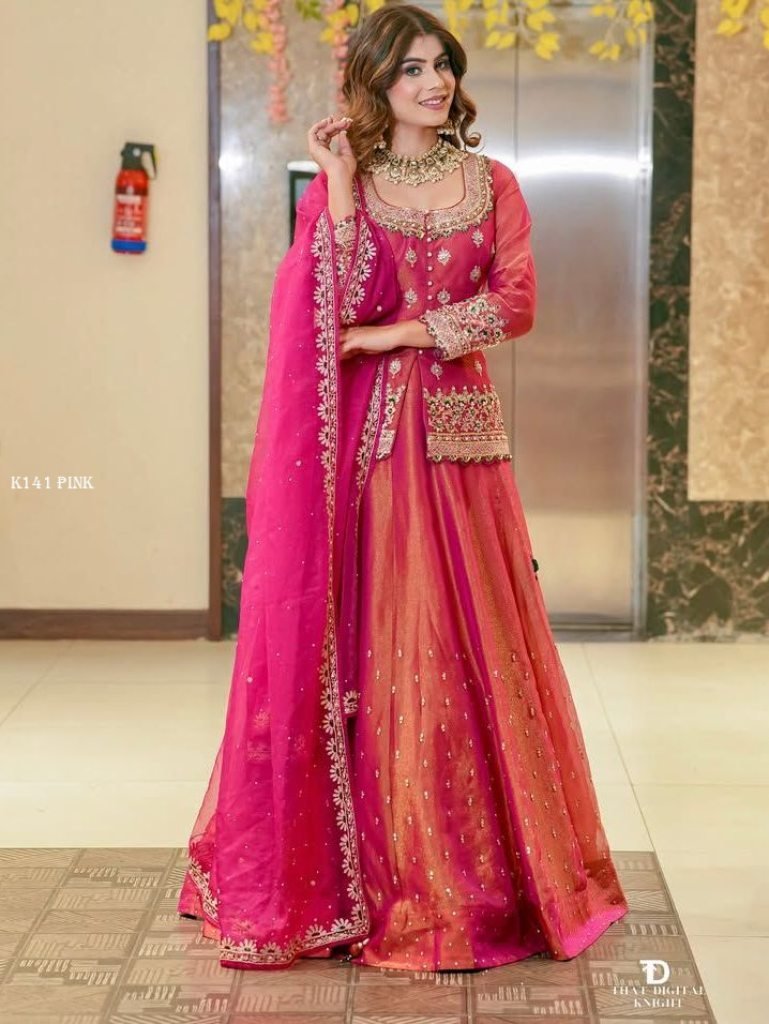 new designer party wear pink t 1740223451 Designer Party Wear Pink Top Lehenga Dupatta Set