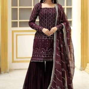 Designer Wine Georgette Sharara Suit