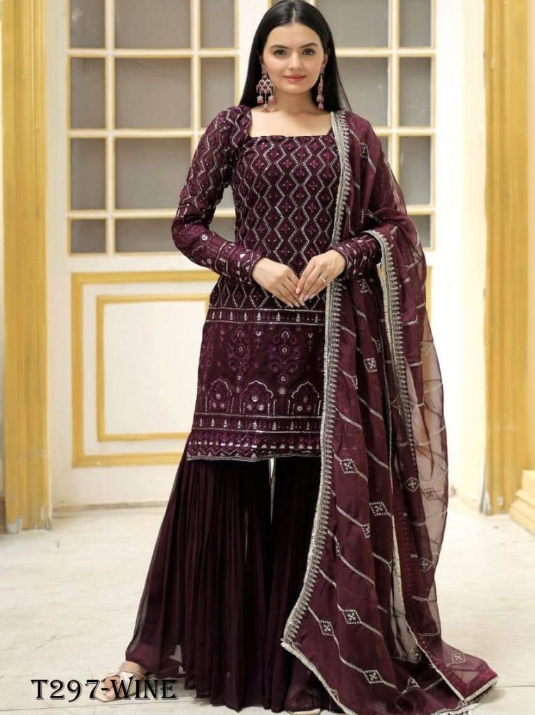 new designer wine georgette sh 1722842754 Designer Wine Georgette Sharara Suit