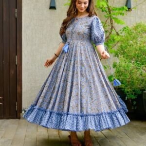 New Digital Printed Cotton Silk Light Blue Long Gown