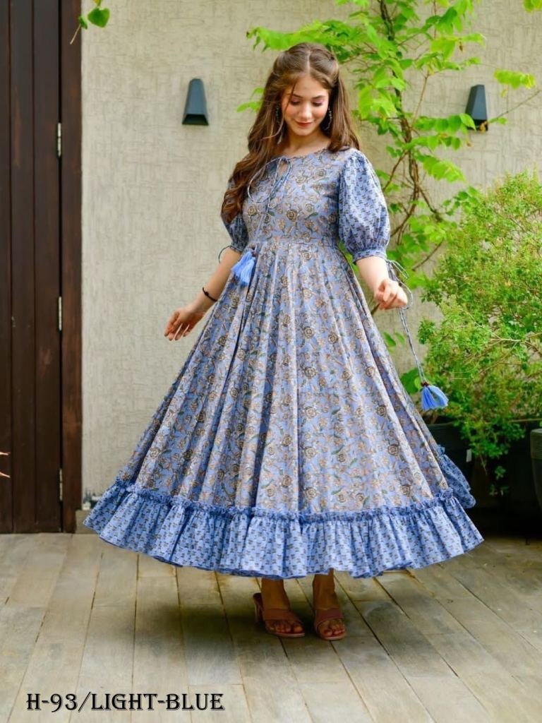 new digital printed cotton sil 1725096286 New Digital Printed Cotton Silk Light Blue Long Gown