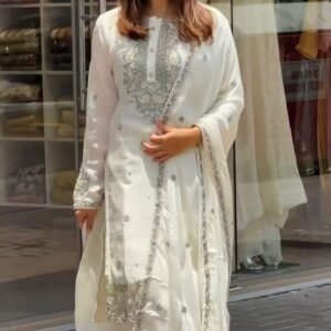 New Faux Georgette Embroidered Work White Gharara Suit