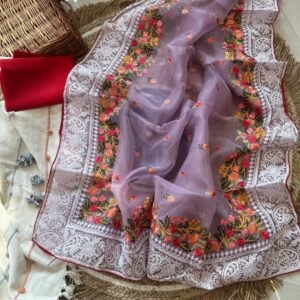 New Embroidery Work Organza Silk Lavender Saree