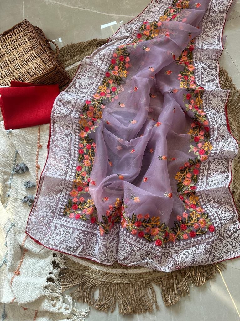 new embroidery work organza si 1729573454 New Embroidery Work Organza Silk Lavender Saree