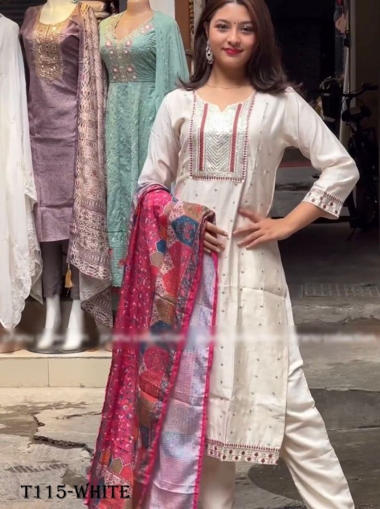 new fancy collection white chi 1718963374 New Fancy Collection White Chinon Silk Kurti Pant Set With Dupatta