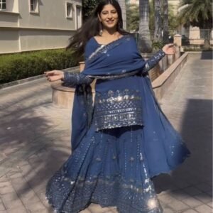 New Fancy Embroidery Cotton Sky Blue Sharara Set