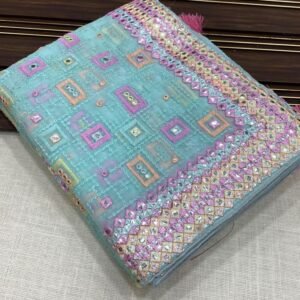 New Fancy Georgatte Sky Blue Saree With Embroidery Work