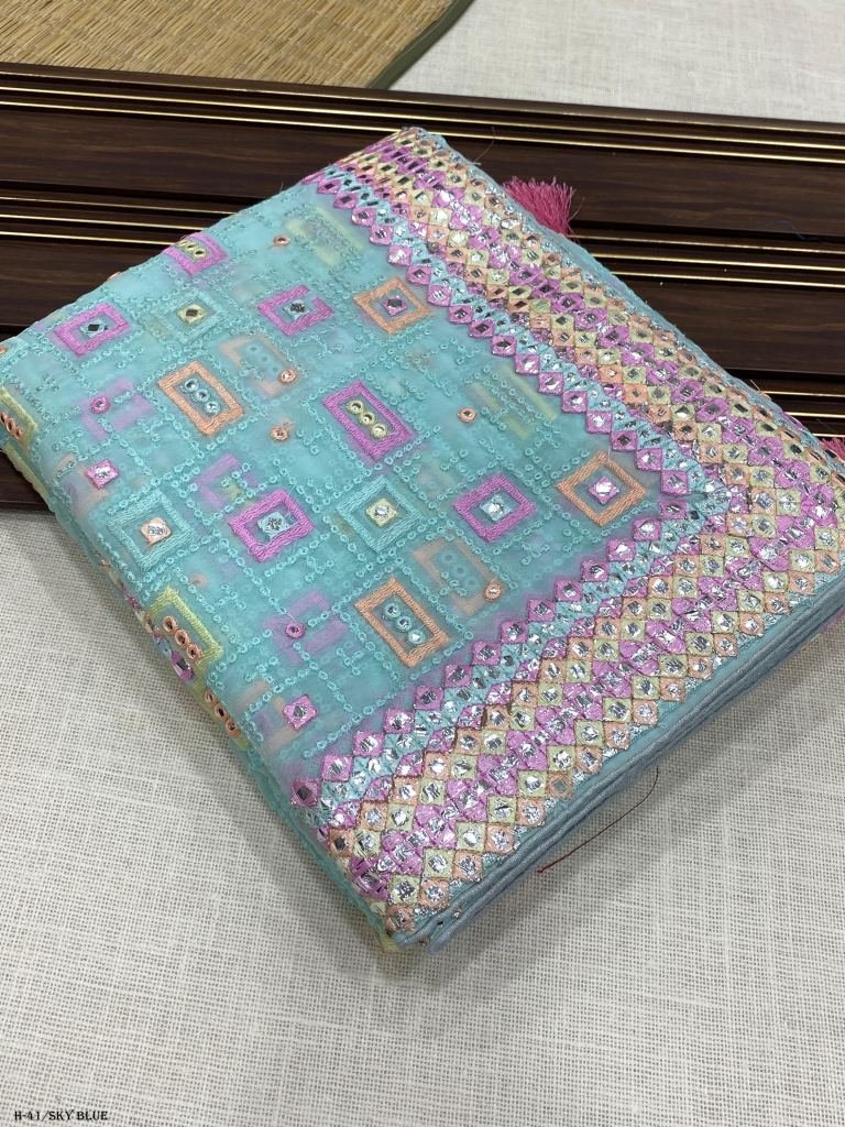 new fancy georgatte sky blue s 1723895370 New Fancy Georgatte Sky Blue Saree With Embroidery Work