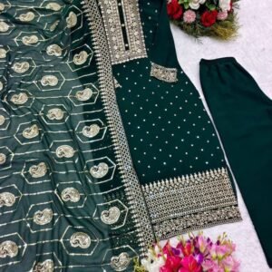New Fancy Green Georgette Embroidery Work Kurti Pant Set