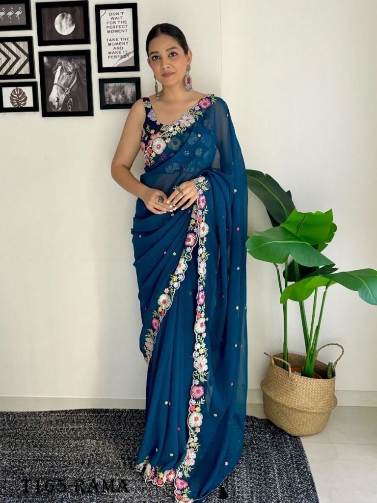 new fancy rama georgette with 1720085239 New Fancy Rama Georgette With Embroidery Work Saree