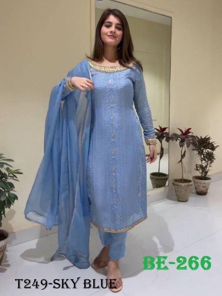 new fancy wear sky blue georrg 1721378986 New Fancy Wear Sky Blue Georrgte Kurti Pant Set