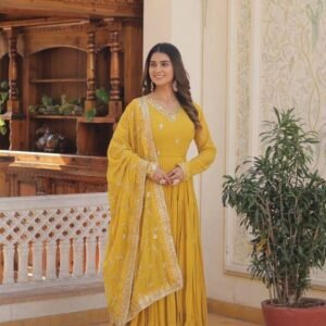 New Fancy Yellow Georgette Gown With Dupatta