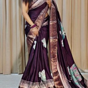 New Fashionable Jam Color Lightweight Dola Silk Saree With Flower Print