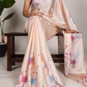 Latest Floral Cream Satin Printed Saree By Fab Funda