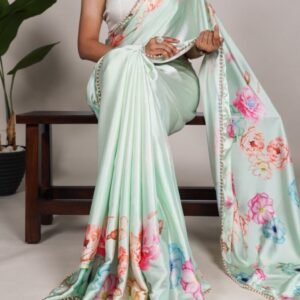 Floral Printed Green Saree With Plain Blouse Work