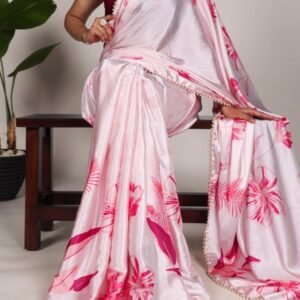 New Floral Light Pink Satin Saree With Unique Design and Colour