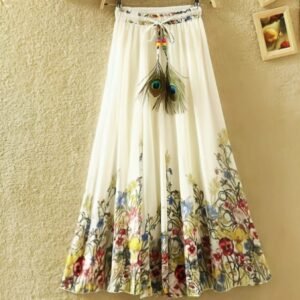 New Flower Digital Print Silk Ladies Cream Skirt
