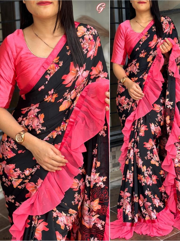 new flower printed design red 1723282581 New Flower Silk Crepe Printed Design Ruffle saree