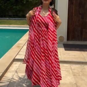 New Fox Georgette Anarkali Red Leheriya suit