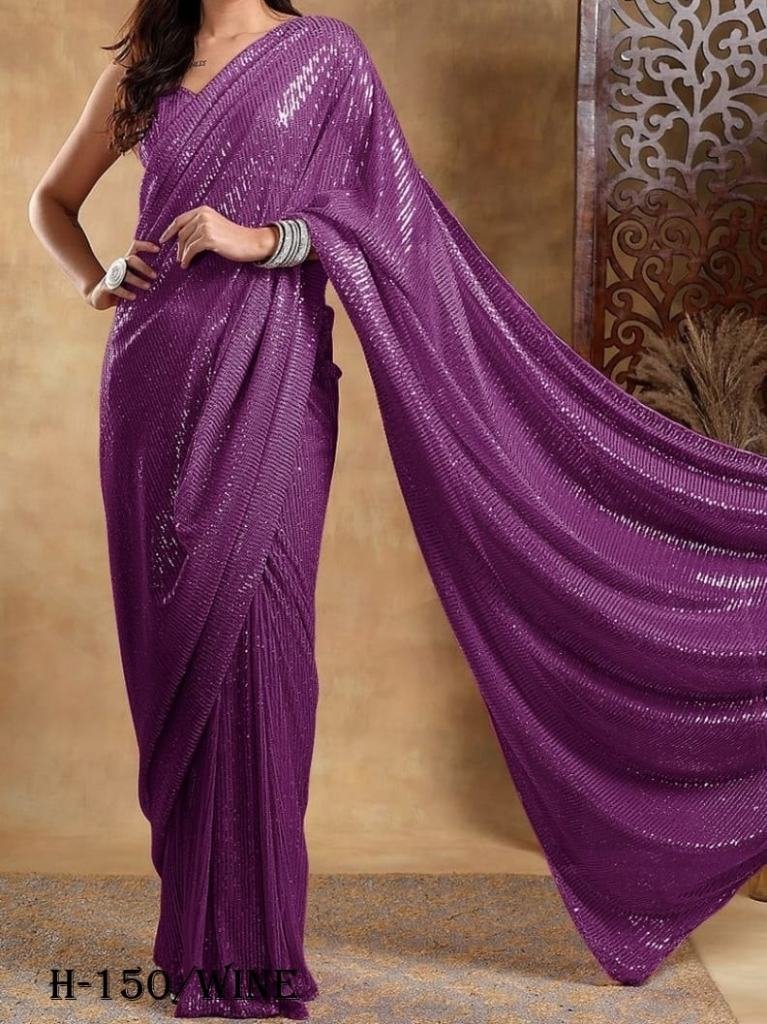 new georgette wine saree with 1726229641 New Georgette Wine Saree With Sequins Work Blouse