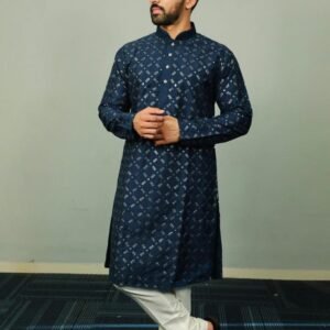 New Golden Mirror Cotton Navy Blue Kurta And Pyjama