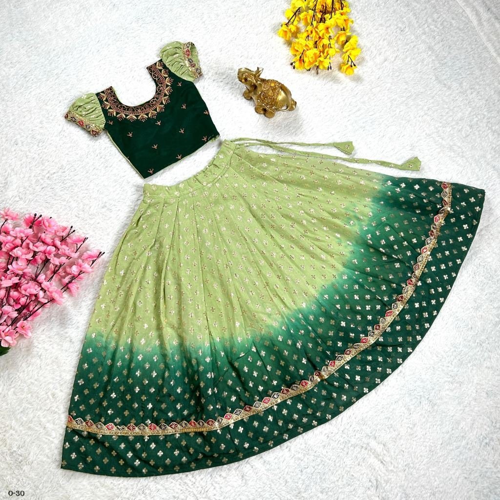 new green beautifull padded vi 1722343327 Green Viscose Golden Butta Stitched Embroidery Lehenga For Kids