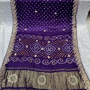 New Gujarati Traditional Purple Lagadi Patta Pure Bandhej Gajji Silk Saree