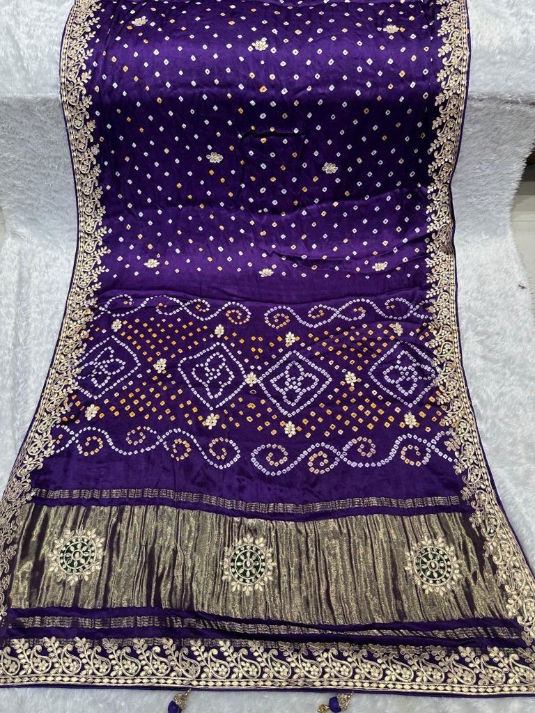 new gujarati traditional purpl 1738382601 New Gujarati Traditional Purple Lagadi Patta Pure Bandhej Gajji Silk Saree