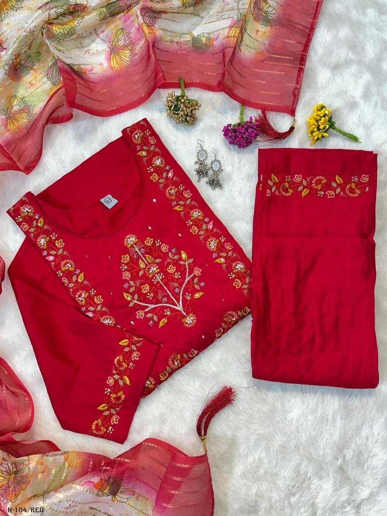 new hand work red kurti pant w 1725267914 New Hand Work Red Kurti Pant With Dupatta