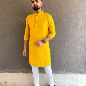 New Heavy Rayon Chikan Work Yellow Kurta Pyjama